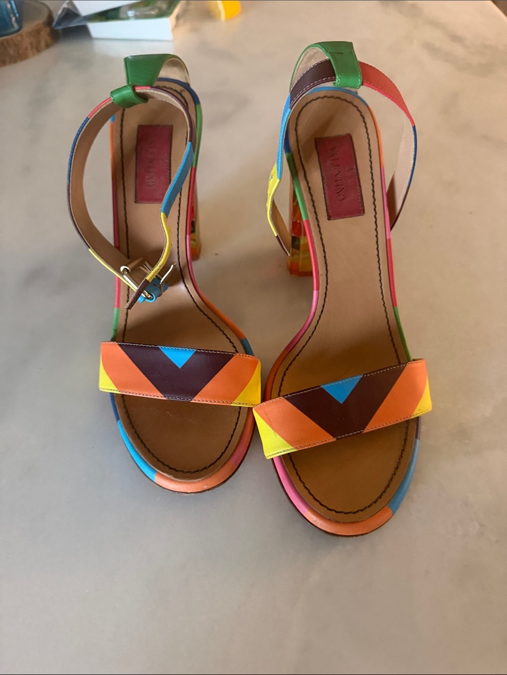 Valentino Multicolor Geometric Leather Slingback Sandals